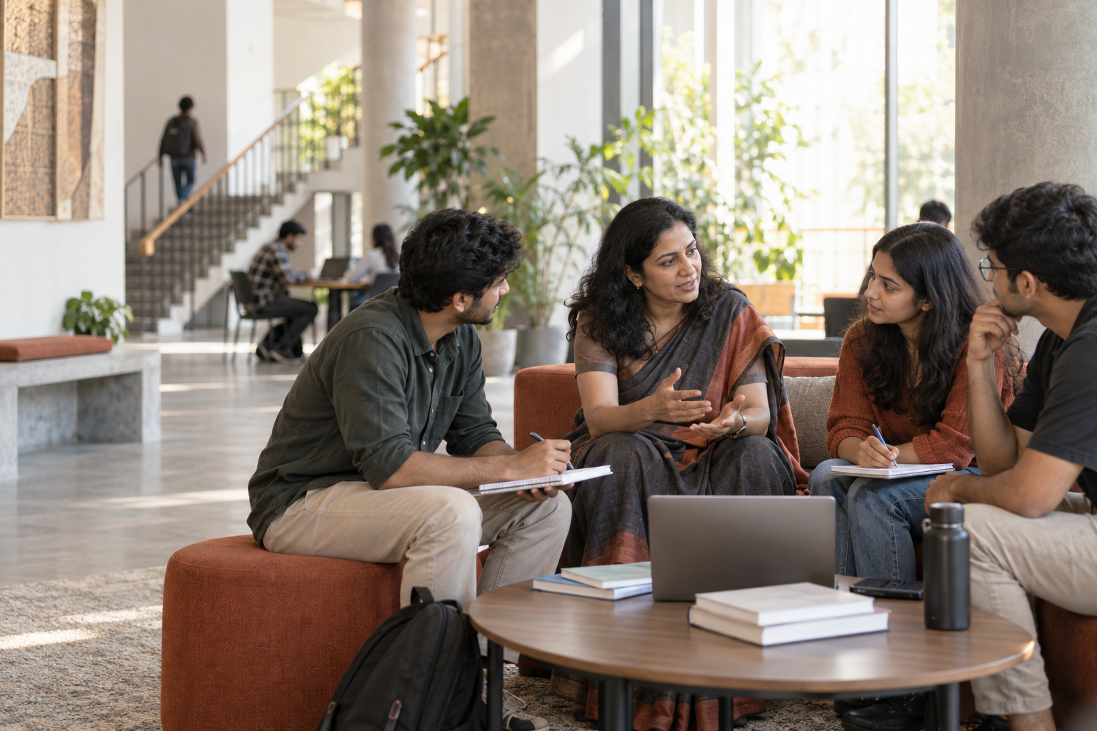 A mentor talking through study choices with a small group of students