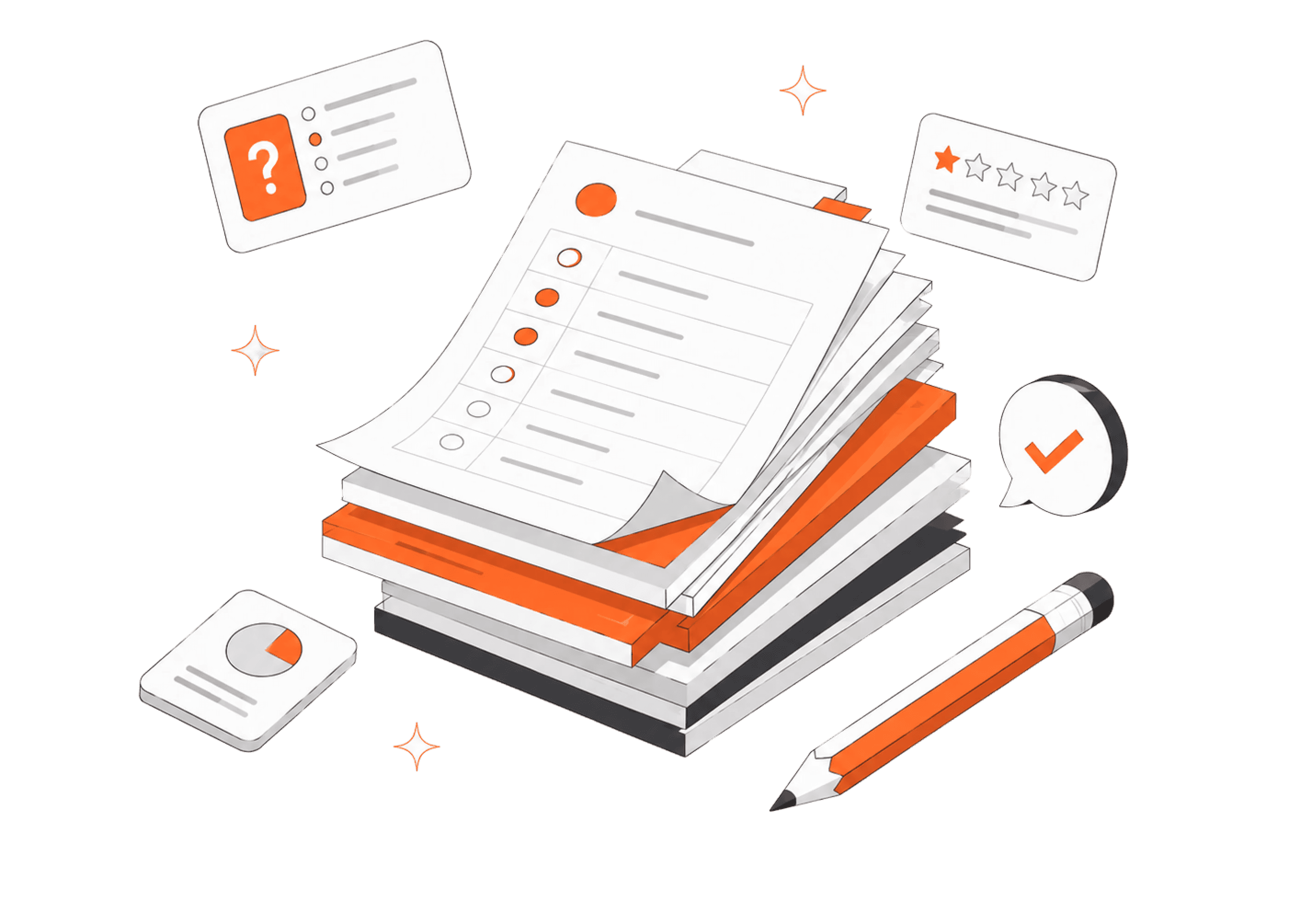 Study-planning illustration with a checklist, review notes, and a progress mark